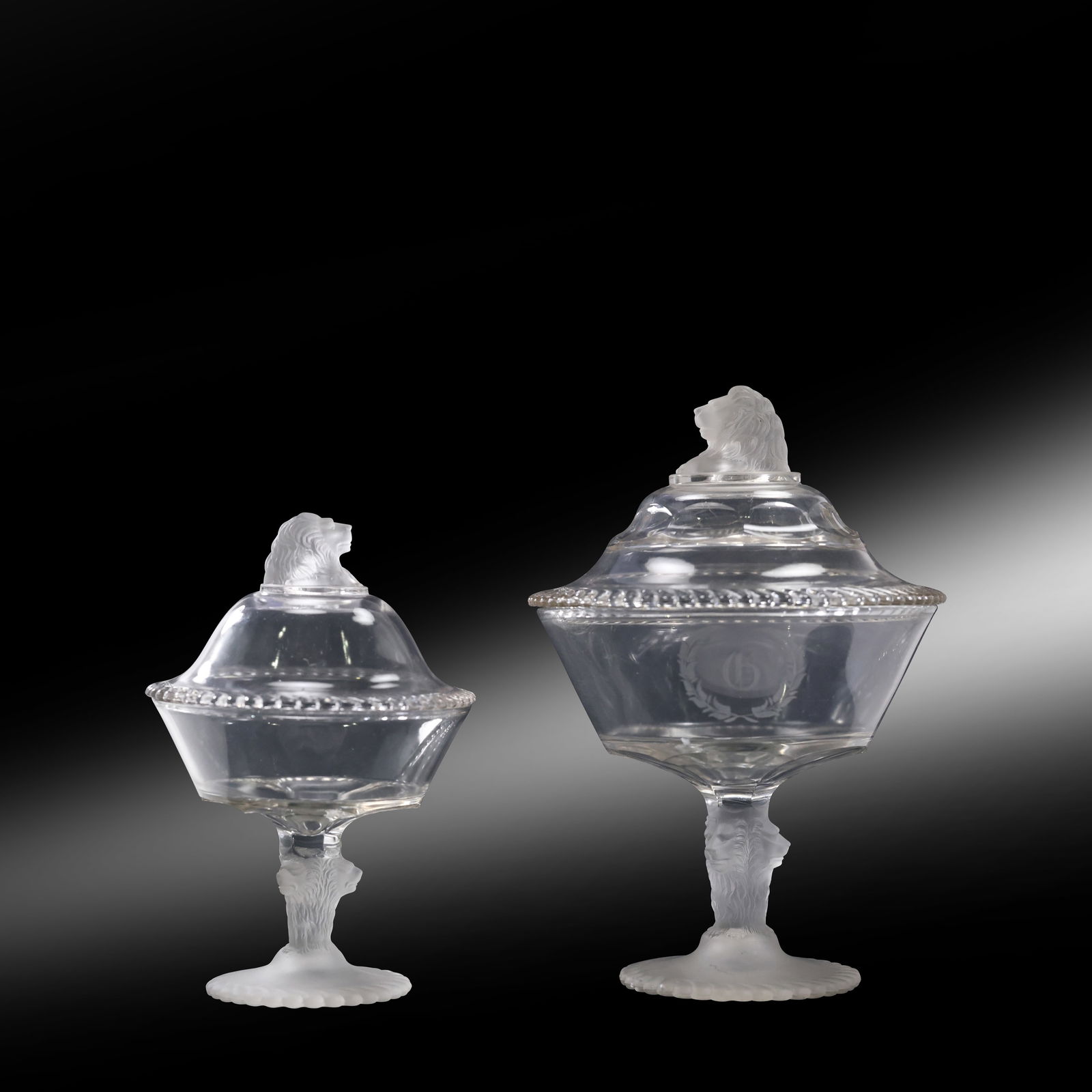 2 Gillinder & Sons Frosted Lion Head Covered Glass Compotes 1880s, 13.5 in. and 9.5 in. heights (1 of 20)