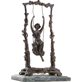 Auguste Moreau, Bronze Sculpture Victorian Woman in a Swing 7.5 in. height x 6.5 in. wide
