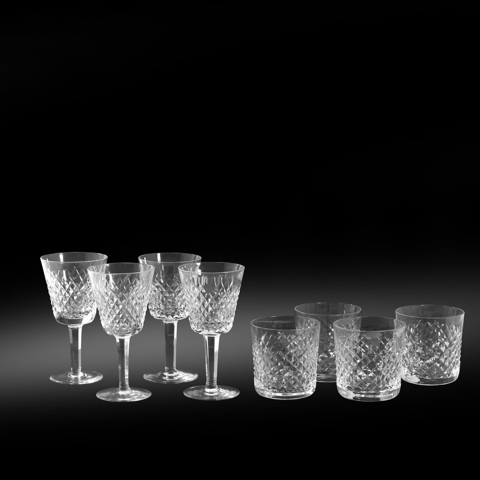 2 sets of 4 Waterford Alana Crystal Wine Glasses and Waterford Alana Crystal Whiskey Glasses: 2 sets of 4 Waterford Alana Crystal Wine Glasses and Waterford Alana Crystal Whiskey Glasses. size: 3.25 h and 6 h