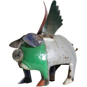 Folky Welded Tin "Flying Pig" Sculpture for Display or Garden Ornament 17.25 in. height x 17 in.