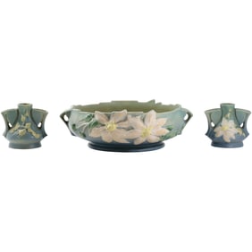 3 Piece Set Vintage Original Roseville Clematis Flower Bowl with 2 Side 3-Section Flower Frogs