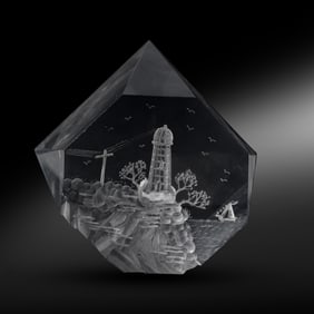 Signed E.Dekel Reverse Cut Engraved on Lucite Lighthouse on Cliff Sculpture 5.25 in.