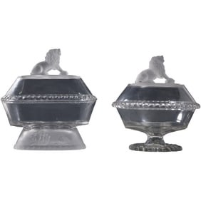 2 Gillinder Sons Frosted Lion Glass Covered Compotes 1800's, 7.5 in. and 7 in. heights