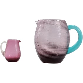 2 Italian Purple Amethyst Art Glass Pitchers with Applied Handles in 2 sizes