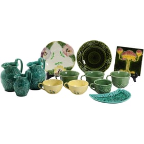Estate Grouping 13 Assorted Pieces of Majolica, Green Glazed Ceramic , Art Nouveau Glazed Tile