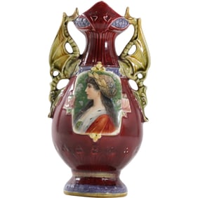 Antique 19th C. Majolica Double Dragon Handle Princess Portrait Vase 8.75 in. height x 4.5 in. wide