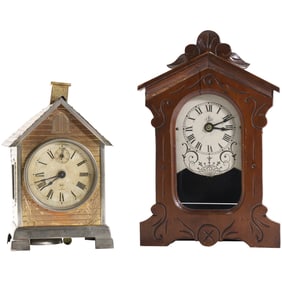 Antique Seth Thomas Metal Tin House Cottage Desk Mantel Clock & Walnut Jerome Mantle Clock