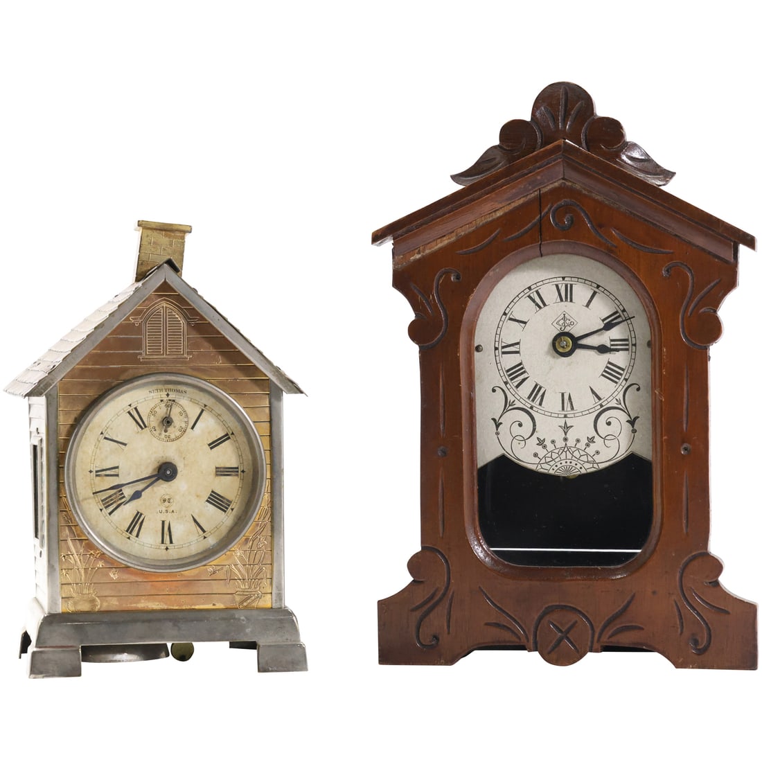 Antique Seth Thomas Metal Tin House Cottage Desk Mantel Clock & Walnut Jerome Mantle Clock (1 of 16)