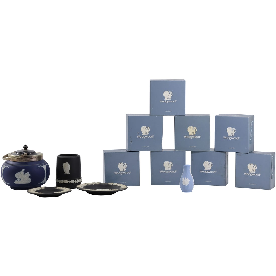 Estate Grouping 12 Assorted Wedgwood including Adams Bisquit Jar, 2 plates, Jar, 8 Miniature Vases (1 of 18)