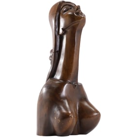 Caved Walnut Woman Upper Torso Head Bust Statue Sculpture 18 inches height x 7 in. wide