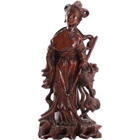 Chinese Antique Cherry Mahogany Carving Beautiful Woman Statue Sculpture 14.25 in. height