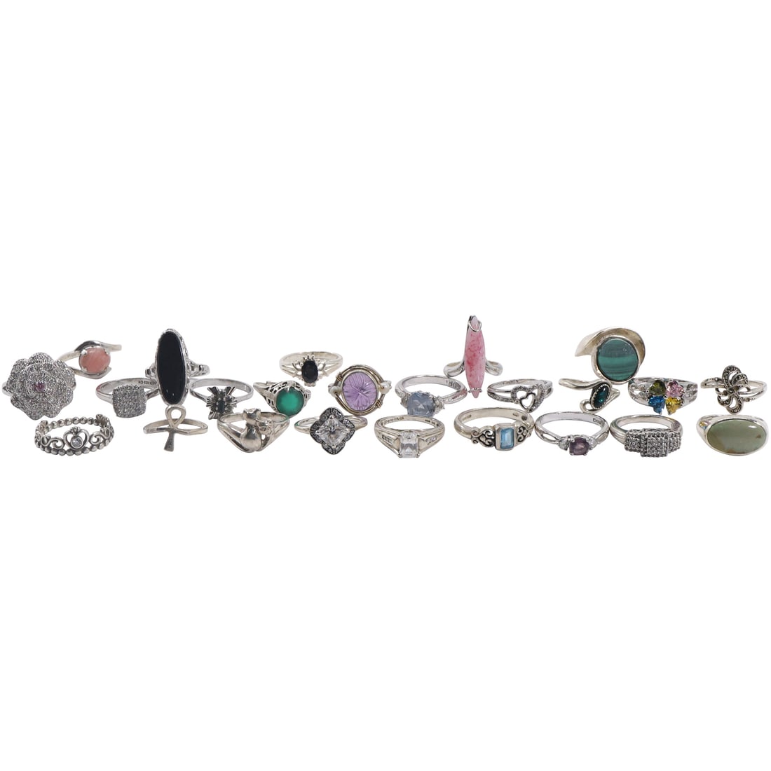24 Assorted RINGS .925 / Sterling Silver includes Black Onyx, Malachite, Rose Quartz, Aquamarine, (1 of 20)