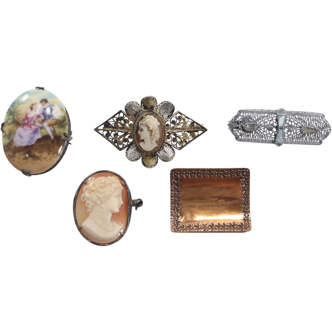 5 Assorted Pins: JHP Victorian Filigree Pin with CZ 1.75 in. x .75 in.; Transfer on Victorian: 5 Assorted Pins: JHP Victorian Filigree Pin with CZ 1.75 in. x .75 in.; Transfer on Victorian Porcelain Cameo Pin 1 5/8 in. x 1 1/4 in. ; Gret Barkin Hand Wroght Copper Pin 1 3/8 in. x 1 in.; Victoria