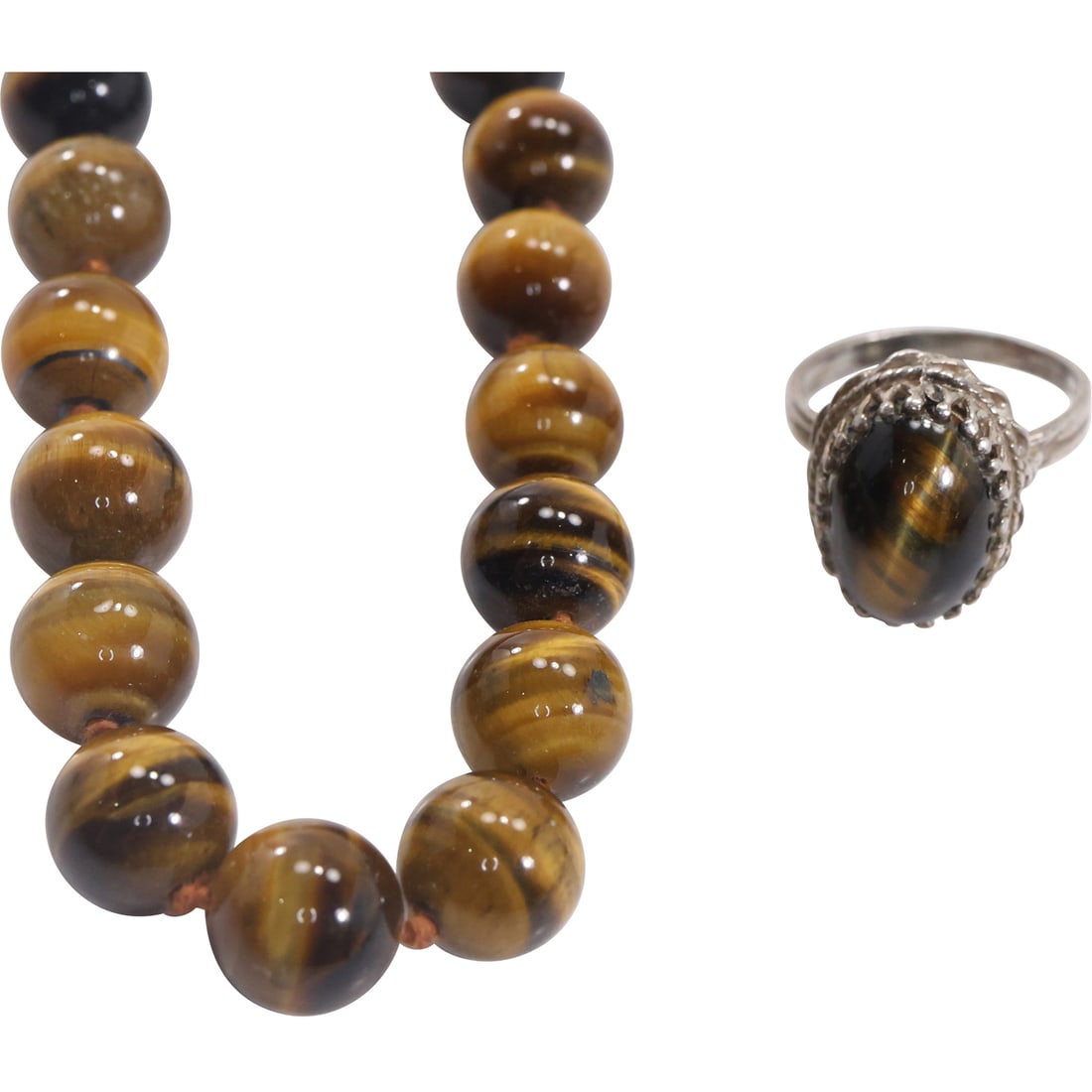 14K Gold Clasp Tiger Eye Necklace 18 in. x 1/2 in.; Sterling with Tiger's Eye Ring size 7 , (1 of 11)