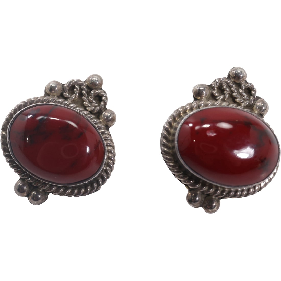 .925 Sterling Silver with Red Agate Clip-on Earrings TL-41 Mexico, 1 1/8 in. x 7/8 in.: .925 Sterling Silver with Red Agate Clip-on Earrings TL-41 Mexico, 1 1/8 in. x 7/8 in.