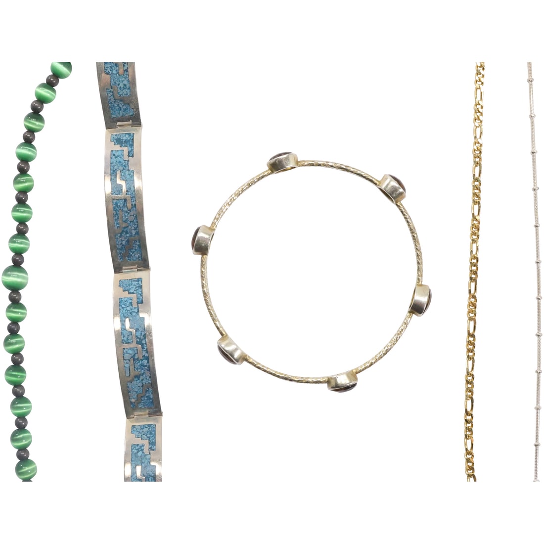 5 Sterling Silver Bracelets: Bangle with Smokey Citrine 3 in. dia.; .925  Green Tiger's Eye Bracelet (1 of 20)