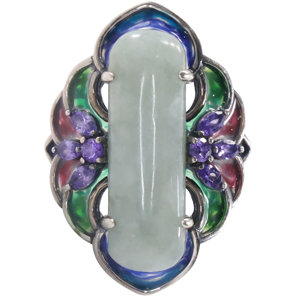 Pai Joy Quality Sterling Silver Enameled Cascades Center Stone Serpentine, 8 Purple Stones RING (1 of 16)
