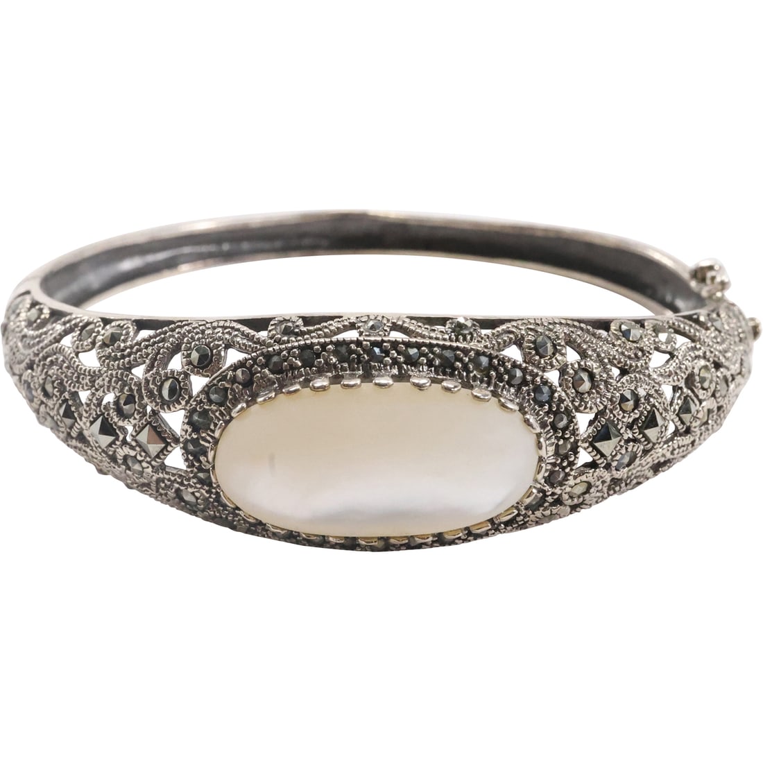 .925 Sterling Silver with MOP {Mother of Pearl] and Marcasites Bangle Bracelet 19.9 grams total (1 of 12)