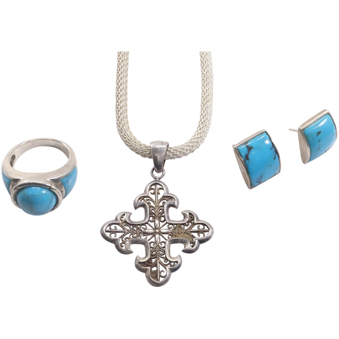 WK .925 Sterling with Turquoise Center Stone and Sides Ring Size 8, 7/8 in. x 5/8 in.; WK 925: WK .925 Sterling with Turquoise Center Stone and Sides Ring Size 8, 7/8 in. x 5/8 in.; WK 925 Sterling Earrings with Turquoise 5/8 in. x 1/2 in.; .925 Italy Mesh Necklace 18 in. x 1/8 in. ; Sterling S