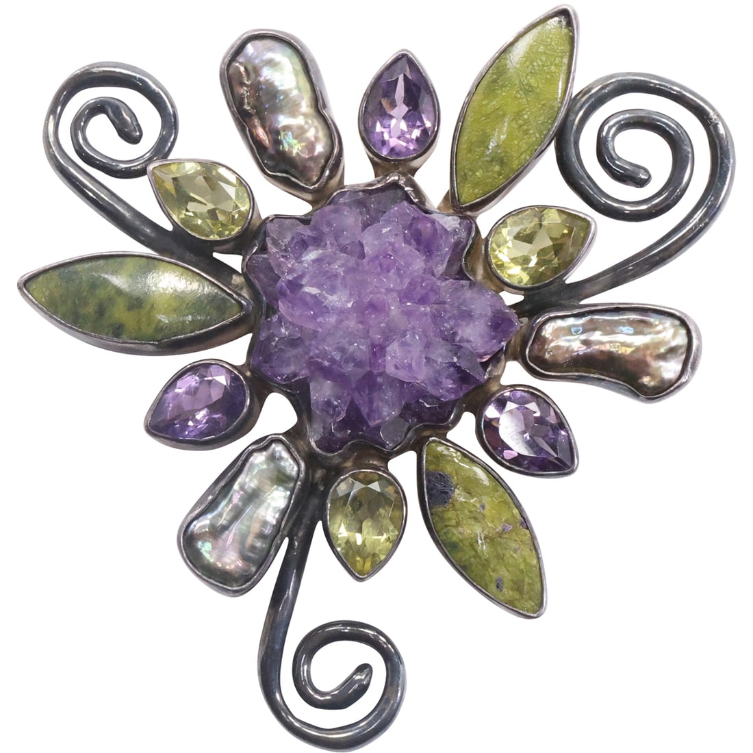 Large Sterling Silver Pendant / Pin "THE DREAMER" Amethyst, Citrine, MOP, Green Agate 3 in. (1 of 16)