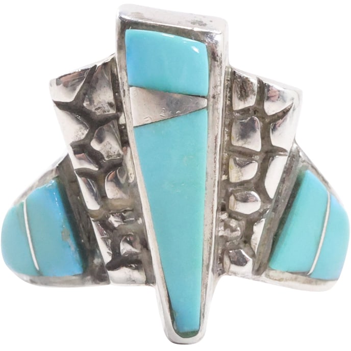 .925 Sterling Silver Native American Ring with Turquoise, Navajo? Ring Size 9.5, 1 in. x 7/8 in. (1 of 13)