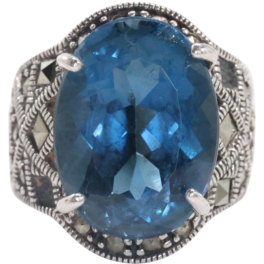 Stunning .925 Sterling Silver Blue Topaz with Marcasites Ring size 6 , 3/4 in. x 3/4 in. (1 of 17)