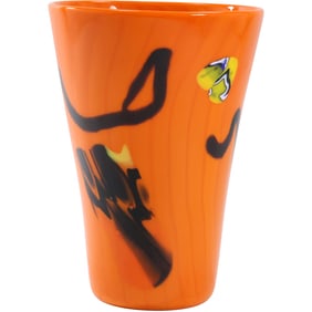 Bright Orange Murano Glass Vase with Abstract Accents Design 7.75 in. height x 5.5 in. wide