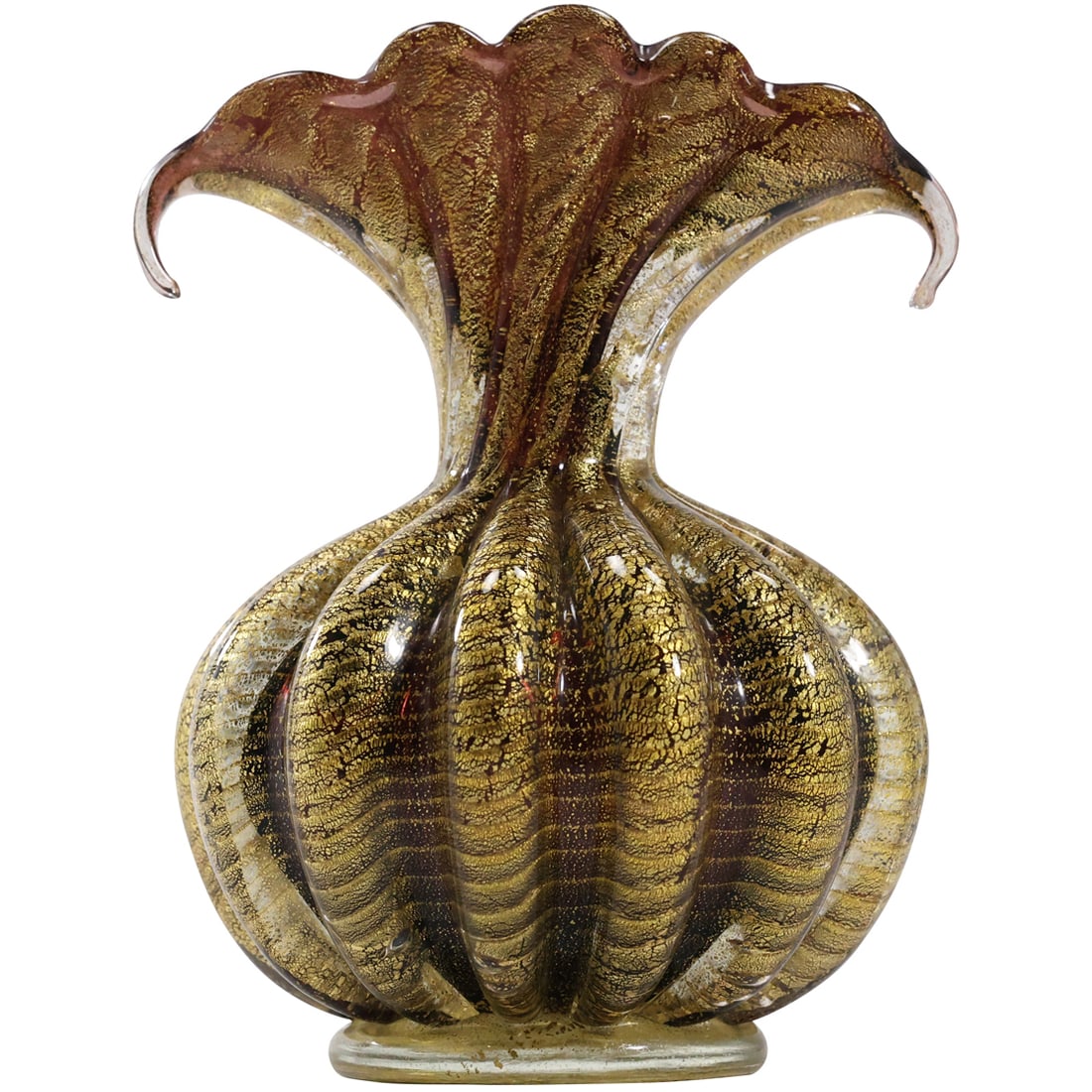 Barovier Toso Murano Cranberry Gold Flecks Italian Art Glass Fan Top Flower Vase 7.5 in. height (1 of 19)