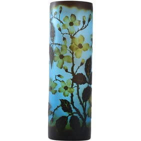 3-Color Cut Cameo Glass Tall Cylindrical Vase with Dogwood Flowers  15 inches height x 4.75 in. dia.