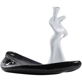 [2] Mid-Century Modern Black Ceramic Sculptured Tray & White Ceramic Naaman Figure