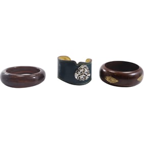[3] Designer Bracelets: Brown Lucite Bangle, Colette Malouf Wide Band Leather Cuff center Rhinestone