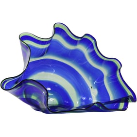 Large Art Glass Blue Stripes Wave Clam Shell Bowl 11.5 inches height x 17.5 inches length