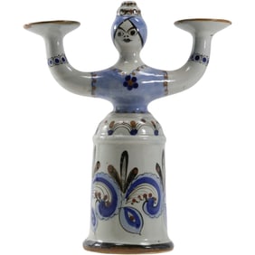 Vintage Woman Mexico Two Candle Holder Candelabra Pottery Blue Figurine 14 in. height