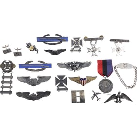 Estate Grouping War Related Medals, Badges, Pins, Cuff Links, Bracelet - See Pictures