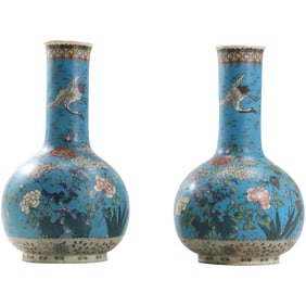 Pair 19th C. Japanese Totai Shippo Vases Cloisonne on Porcelain Stork Heron Flowers 12.25 in. height