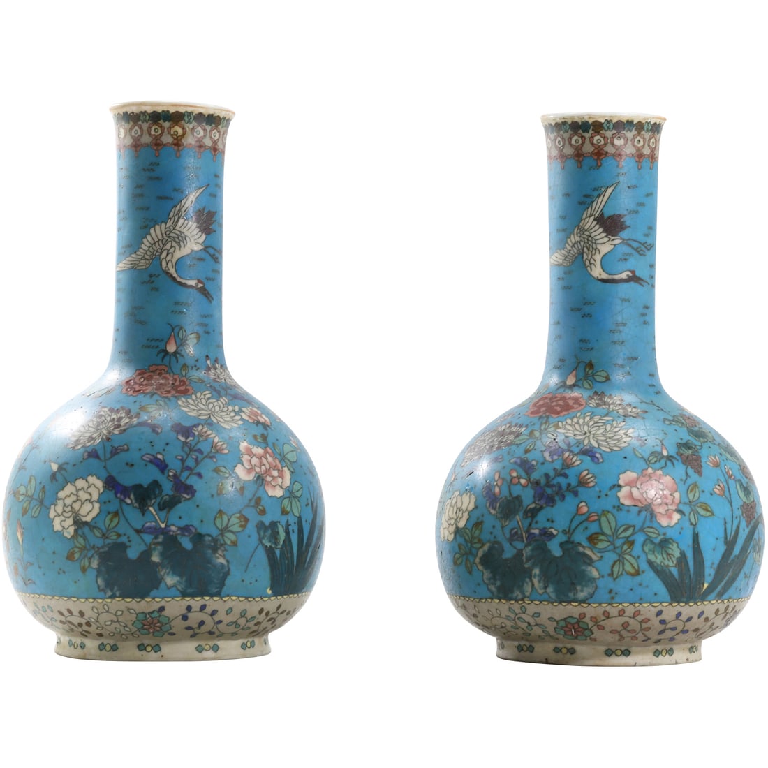 Pair 19th C. Japanese Totai Shippo Vases Cloisonne on Porcelain Stork Heron Flowers 12.25 in. height (1 of 20)