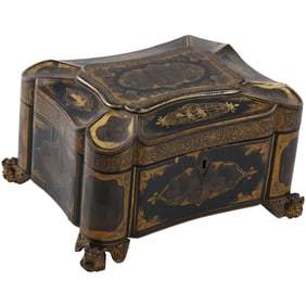Quality Early 19th C. Continental Tea Caddy Lacquered with Gold Decoration, Claw Feet, Incised Lid