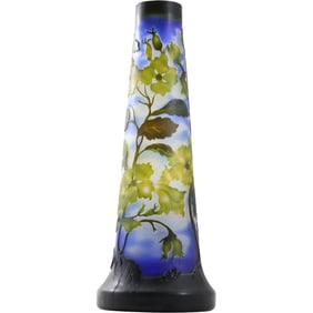Signed Galle, 4-Color Cameo Glass Tall Vase with Flowers, Leaves, Vines 14 inches height