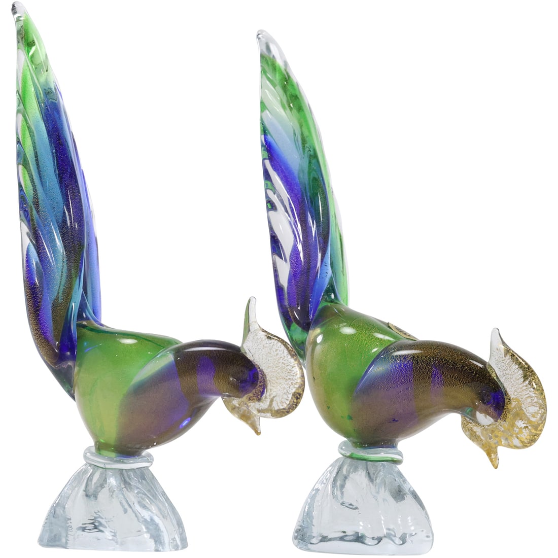 2 Vintage Venetian Murano Art Glass Pheasant Bird Sculptures with Gold Fleck, 11 in. height: 2 Vintage Venetian Murano Art Glass Pheasant Bird Sculptures with Gold Fleck, 11 in. height. size: 11 in. height 6 in. wide