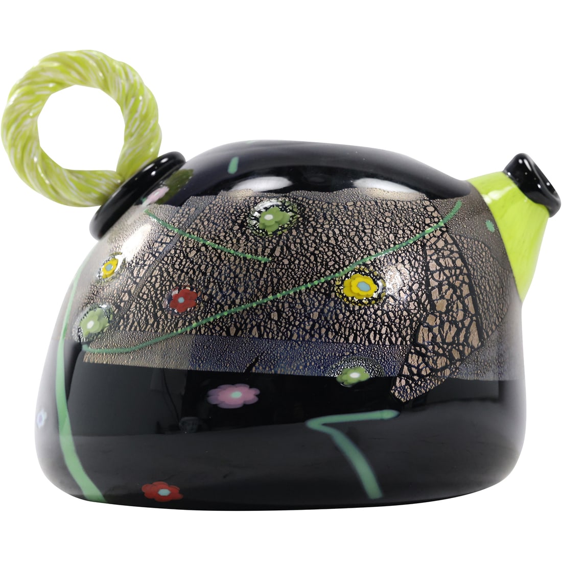 Stunning Art Glass Teapot signed RPM Studios LTD Black Glass with Yellow Spout, Handle, 8 in.: Stunning Art Glass Teapot signed RPM Studios LTD Black Glass with Yellow Spout, Handle, 8 in. size: 6.5 in. height 8 n. length