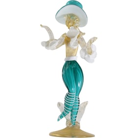 Vintage Venetian Murano Glass Figurine Feamle Dance with Green Pants and Hat 8.5 in. height