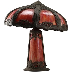 Antique Miller & Co. Table Lamp, Fiery Red Slag Glass Bent Panels, Base Lights 18.5 in shade