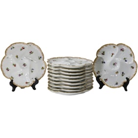 Set of 11 Haviland Limoges CFH GDM 19th C. Porcelain OYSTER PLATES All Over Flowers 9 in. dia.