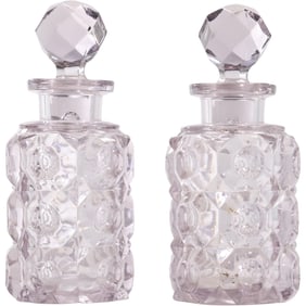 2 Antique 19th C. Glass Decanters Jar Bottle Apothecary Spirits Pharmacy, Prism Button Pattern