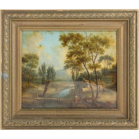 Circa 1910s Oil on Board Painting Landscape with Homestead and Figures, Framed