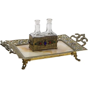 Antique Brass Footed Serving Tray with Handles and Enameling Accents; Jeweled Brass Holder with