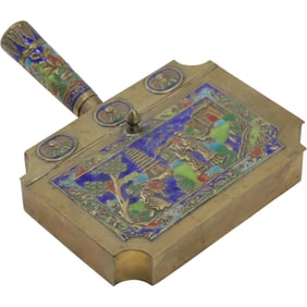 Antique Chinese Ash Box Butler Enameled Pagoda Temple and Figures Scene Brass Hinged