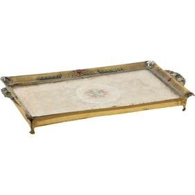 Antique Brass Dresser Tray with Lace under glass, Colored Jewel Stones Accent Frame Rim