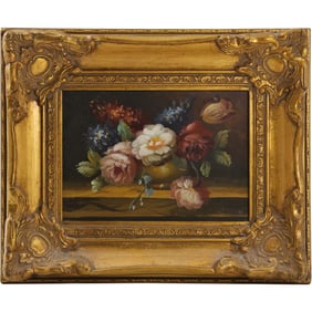 Signed Louis, 20th C. Floral Still Life Oil Painting Mounted in Wide Gold Frame