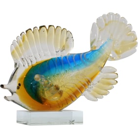 Fabulous Murano Art Glass Colorful Tropical Fish Sculpture on Base 6.5 in. height x 8.5 in. length